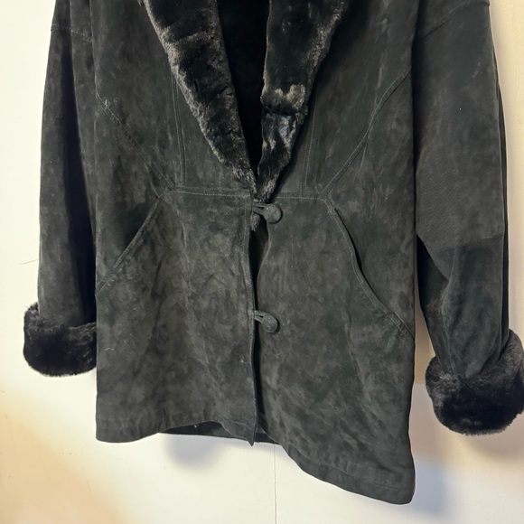 Vintage Black Suede Coat Whimsigoth Faux Fur Leather Jacket Womens Medium - Picture 3 of 9
